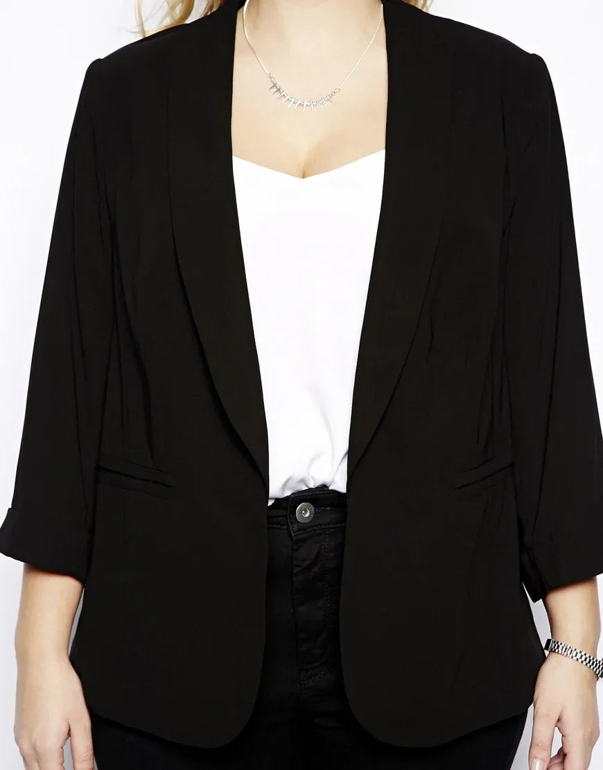 BLAZER - Curvy Divas Apparel, Shawl Collar Casual Blazer, Long Rolling Sleeve, Pocket Solid Black