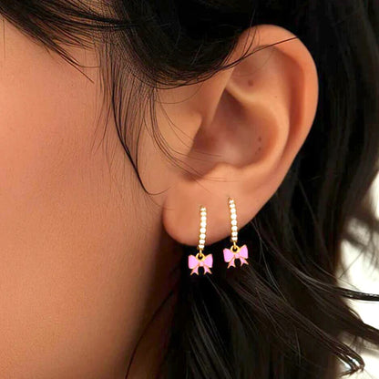 EARRINGS - Fashion Jewelry .925 Sterling Silver Pink Enamel Bow Pendant, Hoop Earrings for any occasion. (See Necklace and ring matches)