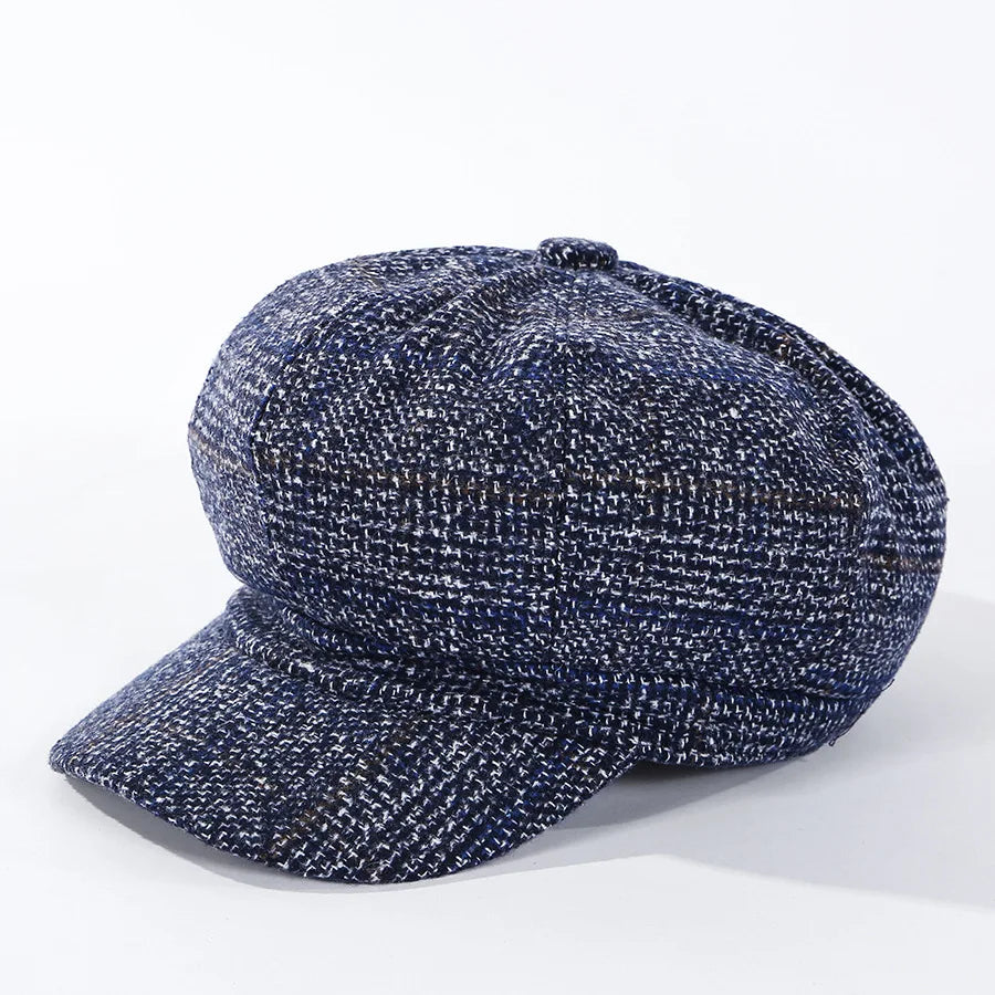 HAT -  Newsboy Cap, Six Colors, Thickened Plaid Woolen Octagonal Hat with Brim for Shade.