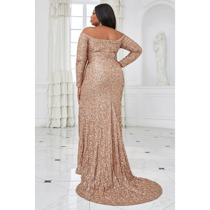 EVENINGS - A stunning, glamorous, romantic long-sleeved off-shoulder gown in warm peach, adorned with sequins, featuring an elegant split and a strategically placed bow for accent. USA Sizes 14-20.