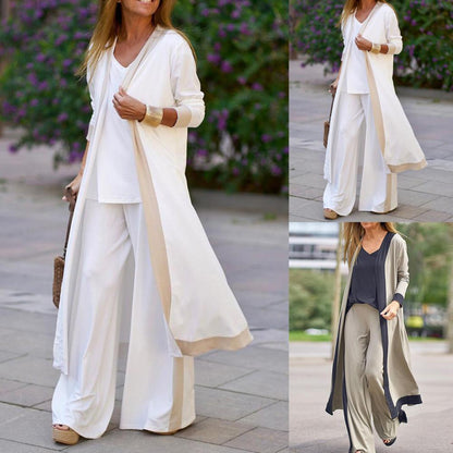 SETS - Sporty elegance in a Three-Piece Set. Women's Outfit Long Cardigan Sling Top, Wide Leg Pants, Camisole Top. This three-piece set's beautiful color block design ensures that it is stylish and far from monotonous. The lo