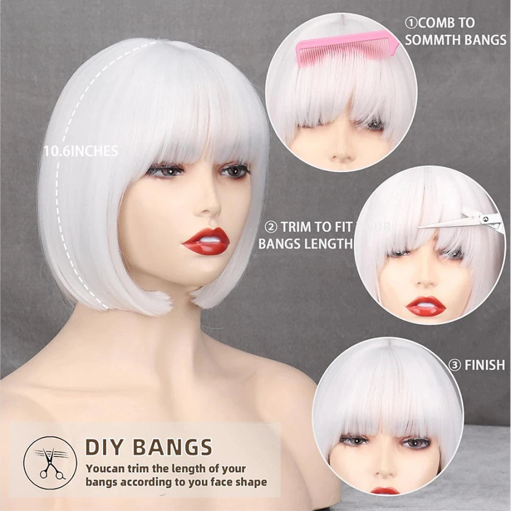 HAIR - Discover the allure of a short, straight bob wig available in white or dark umber red, featuring bangs for a complete look. Crafted from natural, synthetic hair that mimics the appearance of natural locks, this