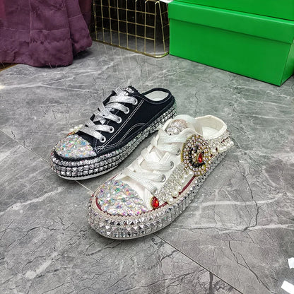 FOOTWEAR - Canvas shoes embellished with sparkling rhinestone diamonds, featuring handmade rivets, a half-slipper design, round toe, and a low heel, available in two colors.