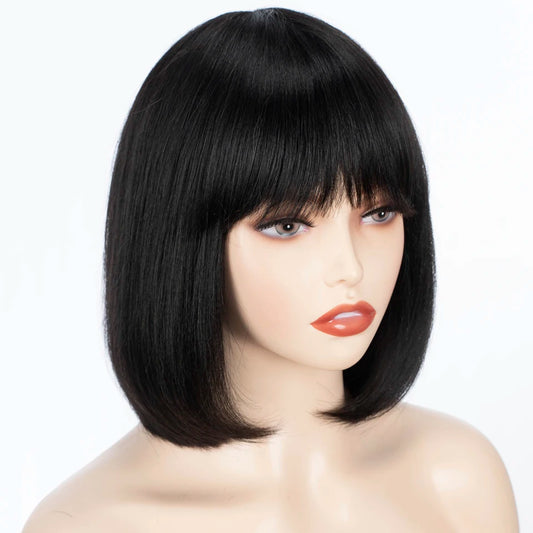 HAIR - Chic Short Real Human Hair Wig with Bangs, Pixie Cut Brazilian Hair Wigs, suitable for all occasions, are available in nine (9) colors and are ten (10) inches long. They are easy to maintain, style, trim, and care for.