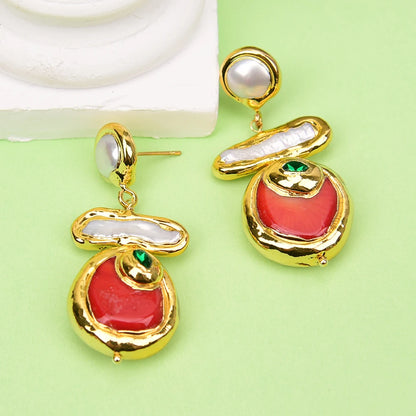 G-G Natural Red Coral Gold Edge Plated Green CZ Crystal Pave White Biwa Pearl Dangle Earrings Lady Coral Jewelry Gifts