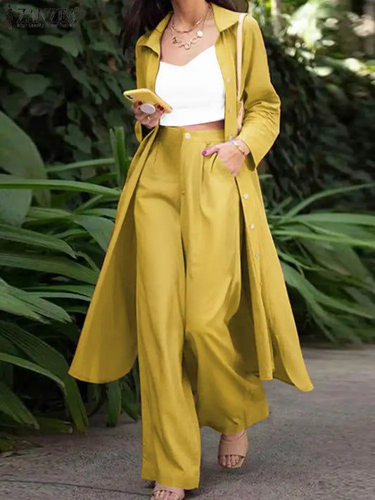 SETS - Elegant matching set featuring a long-sleeve split lapel button blouse and wide-leg trousers, available in four color choices and sizes ranging from S to 5XL.