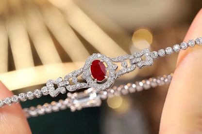 FJ BRACELETS - Elegant 100% 18K White Gold Bracelet, Romantic Style Natural Ruby and Luxury Diamond Jewelry.