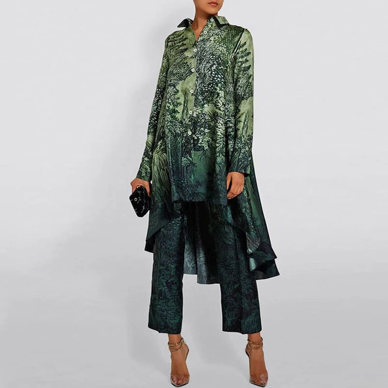 SETS - Beautifully made Asymmetrical Pattern Printed Two-piece Sets, Lapel Button, Hem Shirt w/Straight Pants in 2 shades of green..