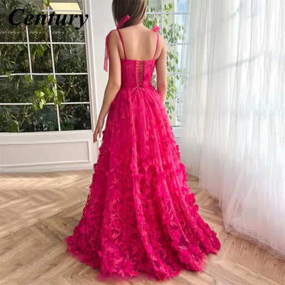 EVENINGS - Sweetheart Evening Gowns, with Slit Applique 3D Fuchsia Flowers, Floor Length, Many Color Variations.