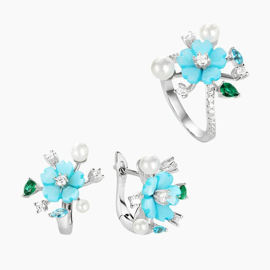 SET - Fashion Jewelry Set, Earrings and Ring .925 Sterling Silver, Shining Zircon, 3 Colors, Natural Shell Flower.