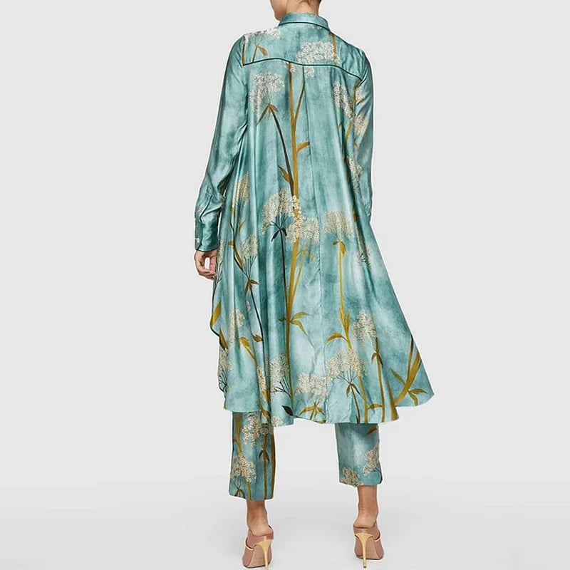 SETS - Beautifully made Asymmetrical Pattern Printed Two-piece Sets, Lapel Button, Hem Shirt w/Straight Pants in 2 shades of green..