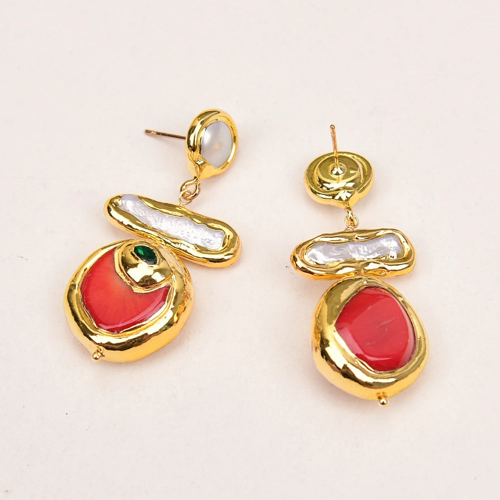 G-G Natural Red Coral Gold Edge Plated Green CZ Crystal Pave White Biwa Pearl Dangle Earrings Lady Coral Jewelry Gifts