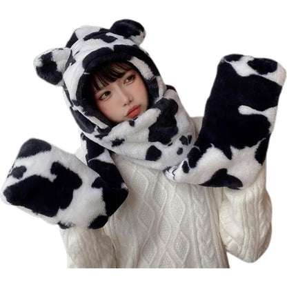 SET - Cute Bear Ears Warmer, Scarf Cap, Glove, Neck Warmer 3-Piece Set, Kawaii Anime Plush Y2k Faux Fur Scarves.