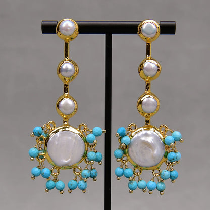 EARRINGS -  Cultured Large Coin Pearls, Authentic White Keshi Pearls, Blue Turquoise Beads, Handcrafted Dangle Earrings.