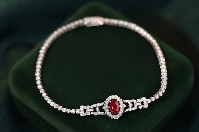 FJ BRACELETS - Elegant 100% 18K White Gold Bracelet, Romantic Style Natural Ruby and Luxury Diamond Jewelry.