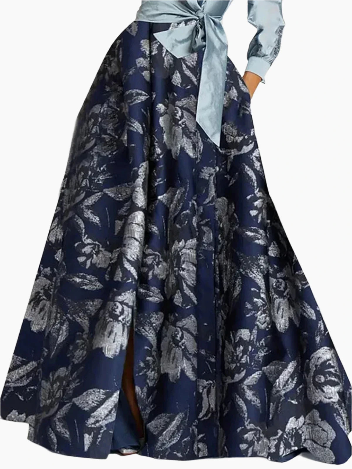 EVENINGS - Elegant Floral Printing Maxi Dress, Turndown Collar, Long Sleeve Bowknot Pocket