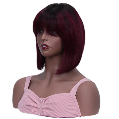 HAIR - Chic Short Real Human Hair Wig with Bangs, Pixie Cut Brazilian Hair Wigs, suitable for all occasions, are available in nine (9) colors and are ten (10) inches long. They are easy to maintain, style, trim, and care for.