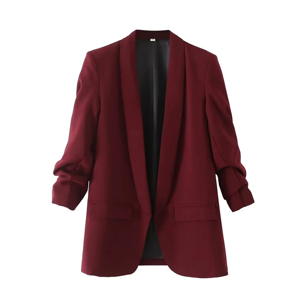 TRAF Women Fashion Office Wear Open Blazer Coat Vintage Long Pleated Sleeves Flap Pockets Female Outerwear Chic Tops