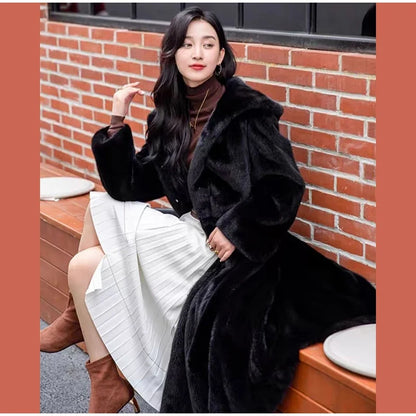 FAUX FUR COAT - Soft and Thick Imitation Mink Fur Coat, Black Hooded, Warm and Comfortable.