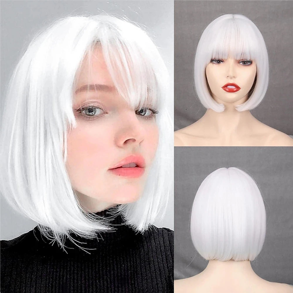 HAIR - Discover the allure of a short, straight bob wig available in white or dark umber red, featuring bangs for a complete look. Crafted from natural, synthetic hair that mimics the appearance of natural locks, this