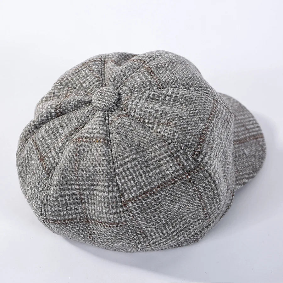 HAT -  Newsboy Cap, Six Colors, Thickened Plaid Woolen Octagonal Hat with Brim for Shade.