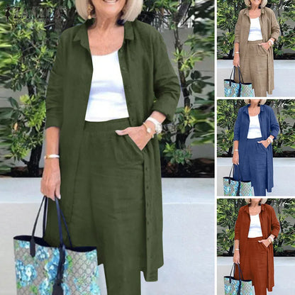 SETS - A casual chic long shirt paired with matching loose trousers can transition from elegant office wear to semi-dressy occasions with a simple jewelry change. Colors 4, Sizes S-5XL.