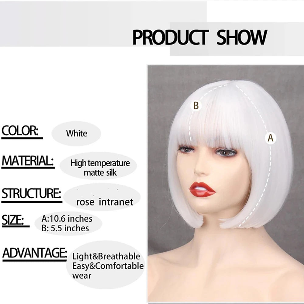 HAIR - Discover the allure of a short, straight bob wig available in white or dark umber red, featuring bangs for a complete look. Crafted from natural, synthetic hair that mimics the appearance of natural locks, this