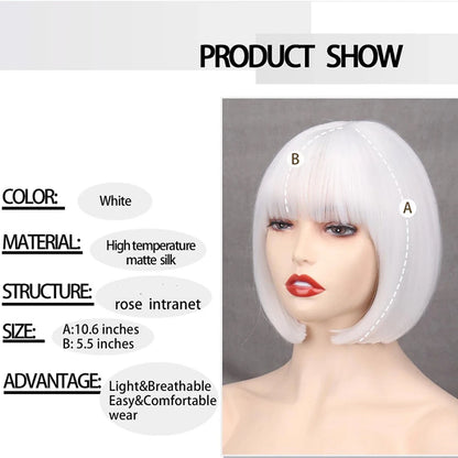 HAIR - Discover the allure of a short, straight bob wig available in white or dark umber red, featuring bangs for a complete look. Crafted from natural, synthetic hair that mimics the appearance of natural locks, this