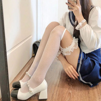 Y2K Harajuku JK Girls Long Socks Black Goth Mesh Stockings White Lolita Cosplay Women Sexy Knee Bowknot Thigh High Stockings