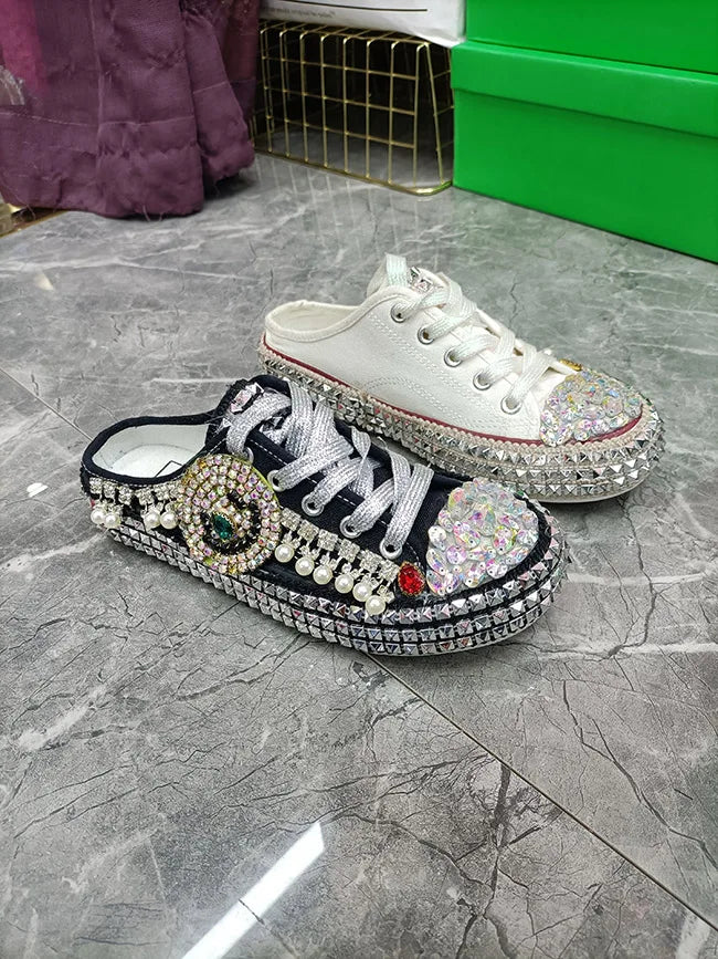 FOOTWEAR - Canvas shoes embellished with sparkling rhinestone diamonds, featuring handmade rivets, a half-slipper design, round toe, and a low heel, available in two colors.