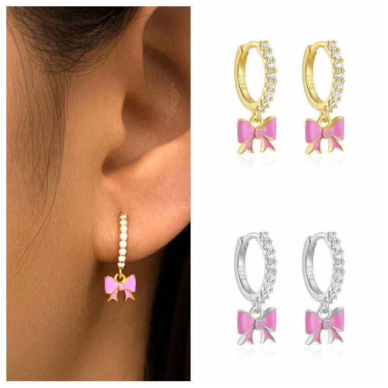 EARRINGS - Fashion Jewelry .925 Sterling Silver Pink Enamel Bow Pendant, Hoop Earrings for any occasion. (See Necklace and ring matches)