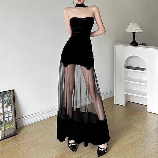 EVENINGS - Fun and Unique Dark Velvet Spandex, Pullover Party  Dress, Mesh See-thru Bottom, S-L, Backless.