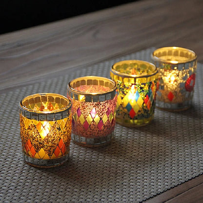 Candle Holders - Handmade Mosaic Stained Glass Candle Holders Gorgeous Short Eye Catching Tea Light Holder for Christmas and Holidays Decor