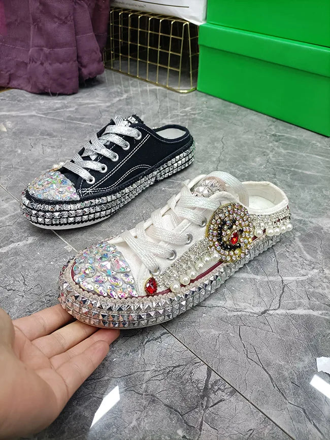 FOOTWEAR - Canvas shoes embellished with sparkling rhinestone diamonds, featuring handmade rivets, a half-slipper design, round toe, and a low heel, available in two colors.