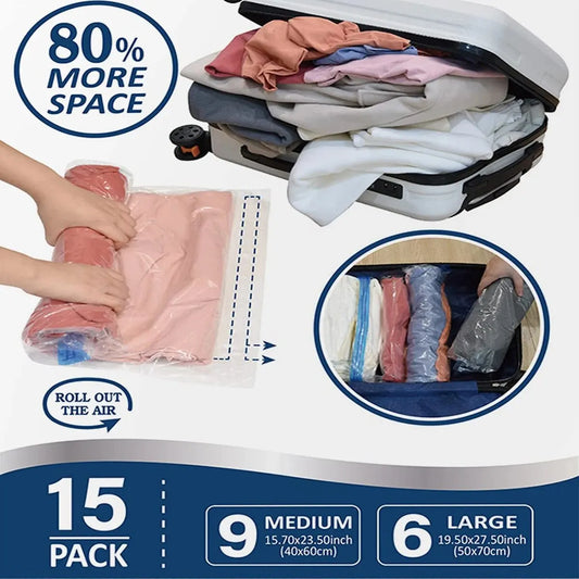 TRAVEL - Compression Bags , No Pump Needed, Roll Up Travel Space Saver Storage Bags, Land, Air Road and Cruise Ship Essentials  Packing-Organizer