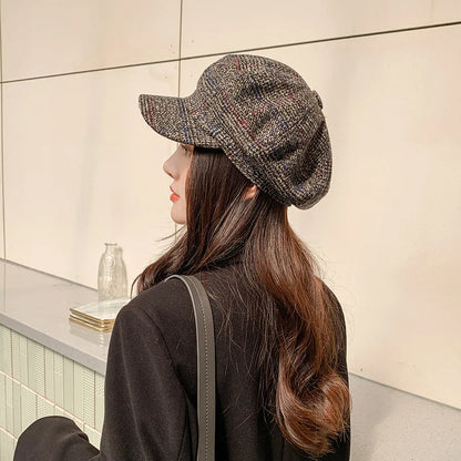 HAT -  Newsboy Cap, Six Colors, Thickened Plaid Woolen Octagonal Hat with Brim for Shade.