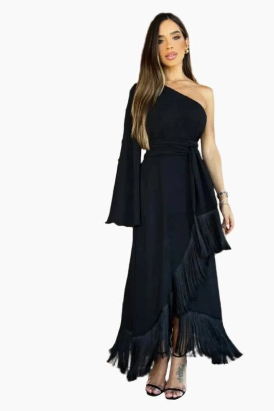 DRESSES - Women's One-Shoulder Elegant Long Skirt with Slit, Ruffled Tassel, and Swing Design, Day or Evening Wear