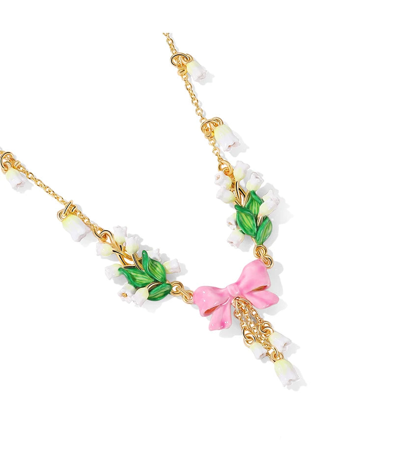 NECKLACE - Pink Bow Necklace, White Bellflower. Collarbone Chain, Trendy Enamel Flower Necklace, 18K Gold Plated.  (SEE RING)