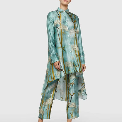 SETS - Beautifully made Asymmetrical Pattern Printed Two-piece Sets, Lapel Button, Hem Shirt w/Straight Pants in 2 shades of green..