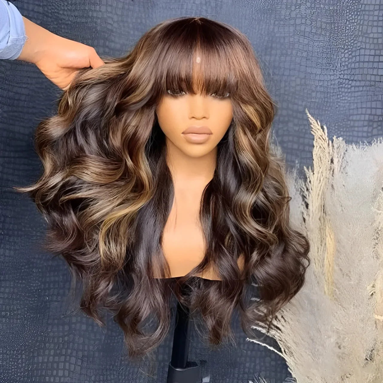 HAIR -  Ombre Highlighted Body Wave, Real Human Hair Wig with Bangs, ideal for everyday wear with a comfortable cap.