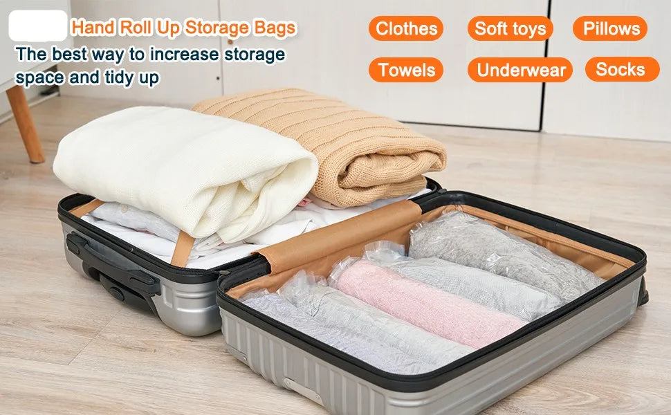 TRAVEL - Compression Bags , No Pump Needed, Roll Up Travel Space Saver Storage Bags, Land, Air Road and Cruise Ship Essentials  Packing-Organizer