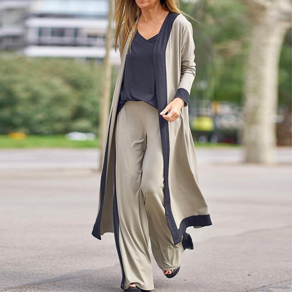 SETS - Sporty elegance in a Three-Piece Set. Women's Outfit Long Cardigan Sling Top, Wide Leg Pants, Camisole Top. This three-piece set's beautiful color block design ensures that it is stylish and far from monotonous. The lo