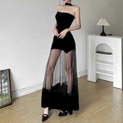 EVENINGS - Fun and Unique Dark Velvet Spandex, Pullover Party  Dress, Mesh See-thru Bottom, S-L, Backless.