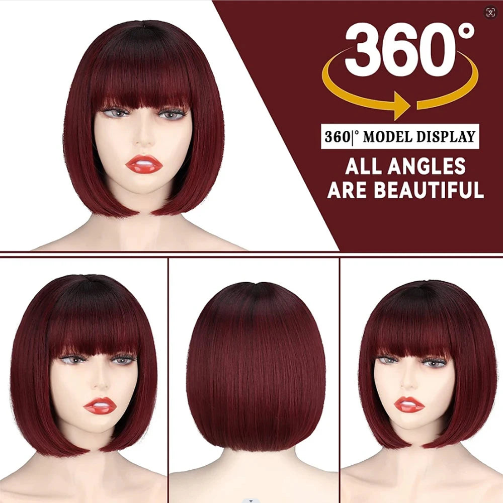 HAIR - Discover the allure of a short, straight bob wig available in white or dark umber red, featuring bangs for a complete look. Crafted from natural, synthetic hair that mimics the appearance of natural locks, this