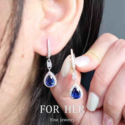 EARRINGS - Water Drop Design, .925 Sterling Silver,  Sapphire Luxury Fine Jewelry