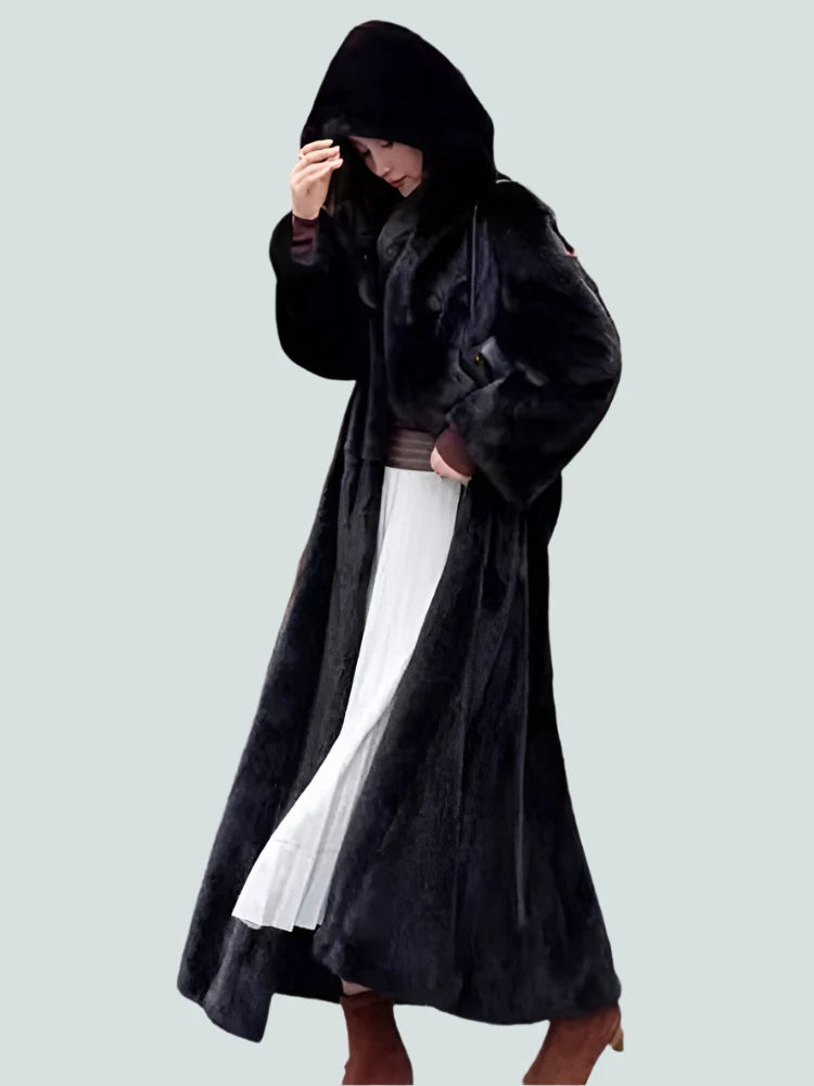 FAUX FUR COAT - Soft and Thick Imitation Mink Fur Coat, Black Hooded, Warm and Comfortable.