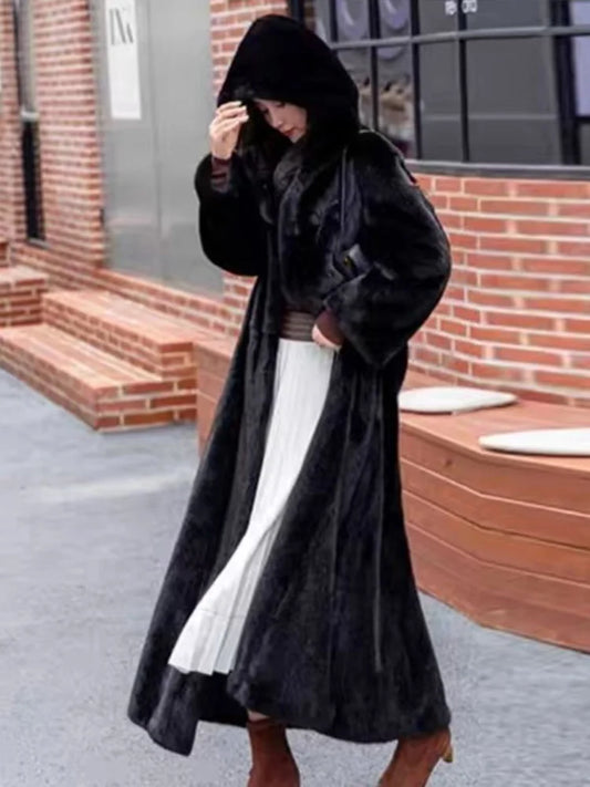 FAUX FUR COAT - Soft and Thick Imitation Mink Fur Coat, Black Hooded, Warm and Comfortable.