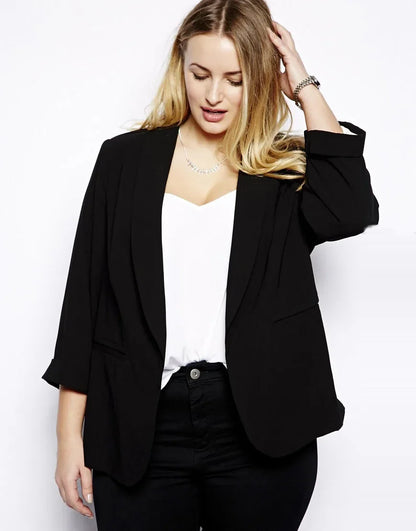 BLAZER - Curvy Divas Apparel, Shawl Collar Casual Blazer, Long Rolling Sleeve, Pocket Solid Black