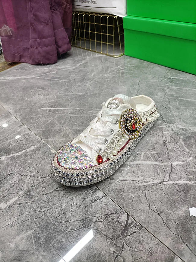 FOOTWEAR - Canvas shoes embellished with sparkling rhinestone diamonds, featuring handmade rivets, a half-slipper design, round toe, and a low heel, available in two colors.