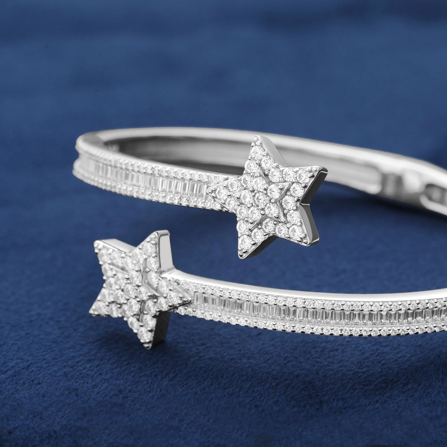 FJ BRACELET - Fashion Trendy Fine .925 Sterling Silver, VVS - D Baguette Moissanite Diamonds, Star Bangle Design.